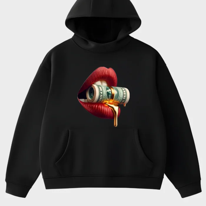 Liquid Gold Rolled Cash & Crimson Lips Luxury Graphic Hoodie