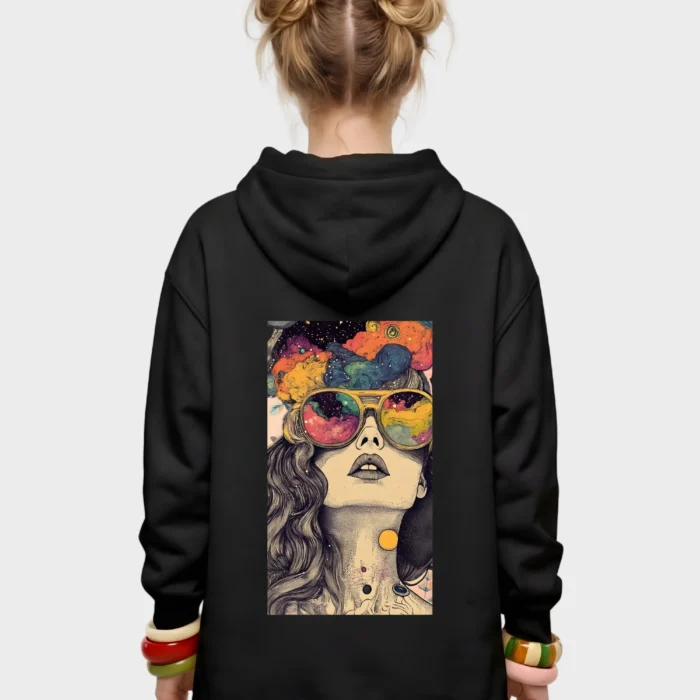 Psychedelic Dreams Retro Girl & Galaxy Sunglasses Back Graphic Hoodie