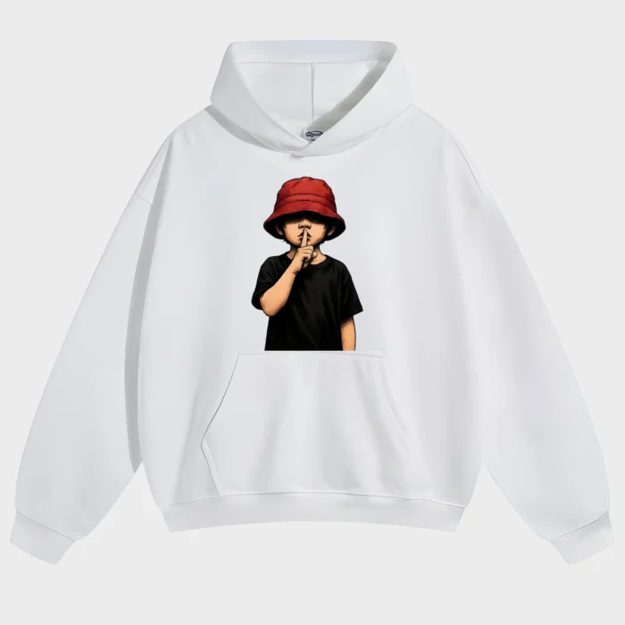 Shhh Red Bucket Hat Silent Boy White Graphic Hoodie