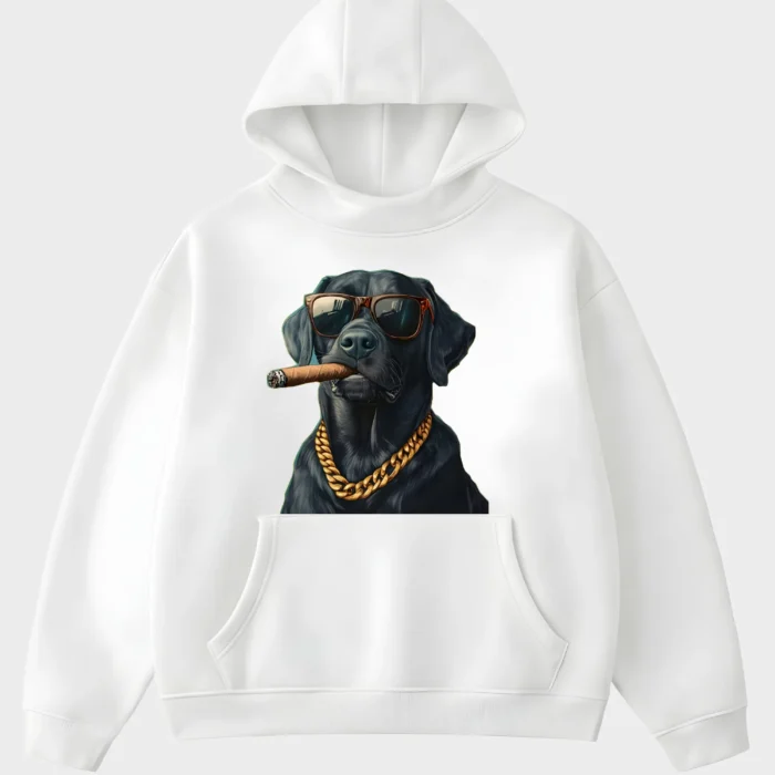 Boss Black Lab Cigar and Gold Chain White Graphic Hoodie