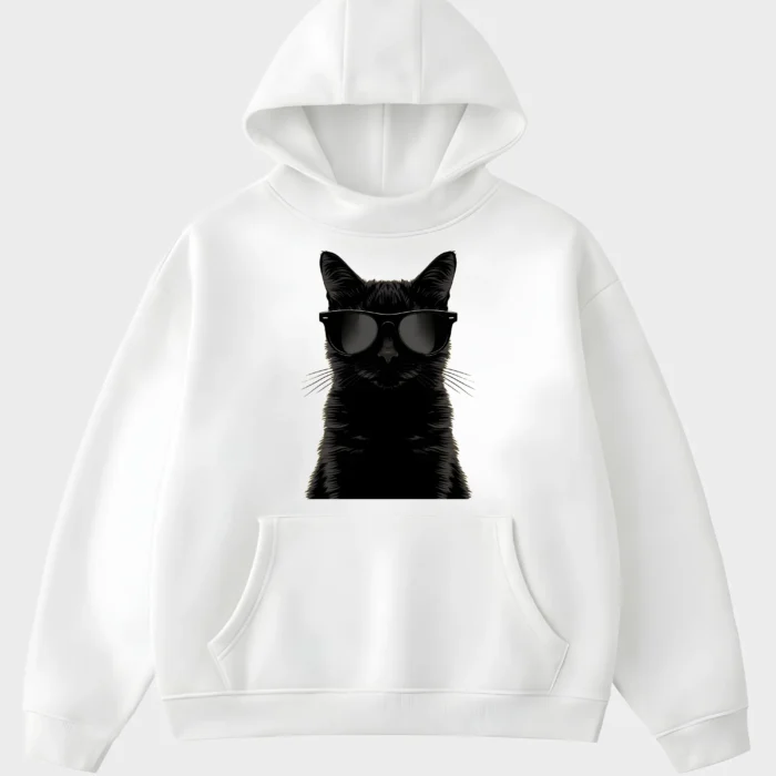 Sleek Black Cat in Sunglasses White Graphic Hoodie