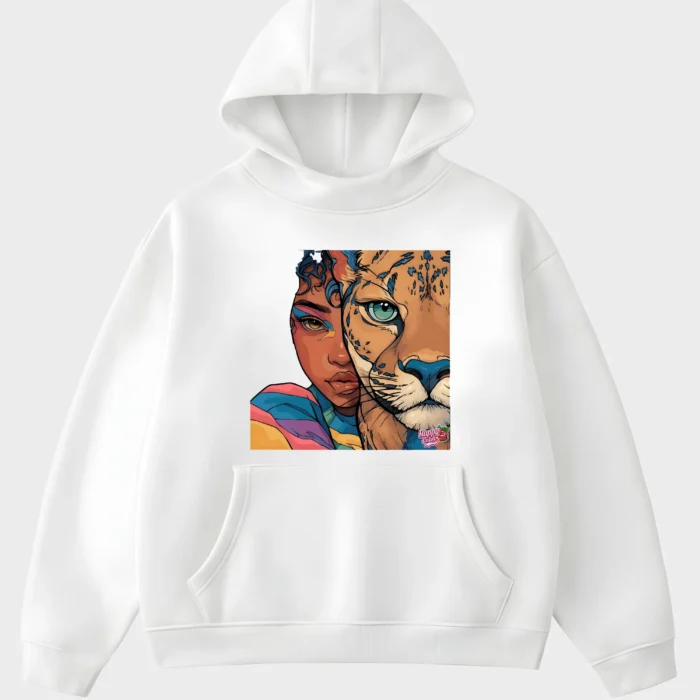 Primal Fusion Girl & Azure-Eyed Tiger Split Portrait Hoodie
