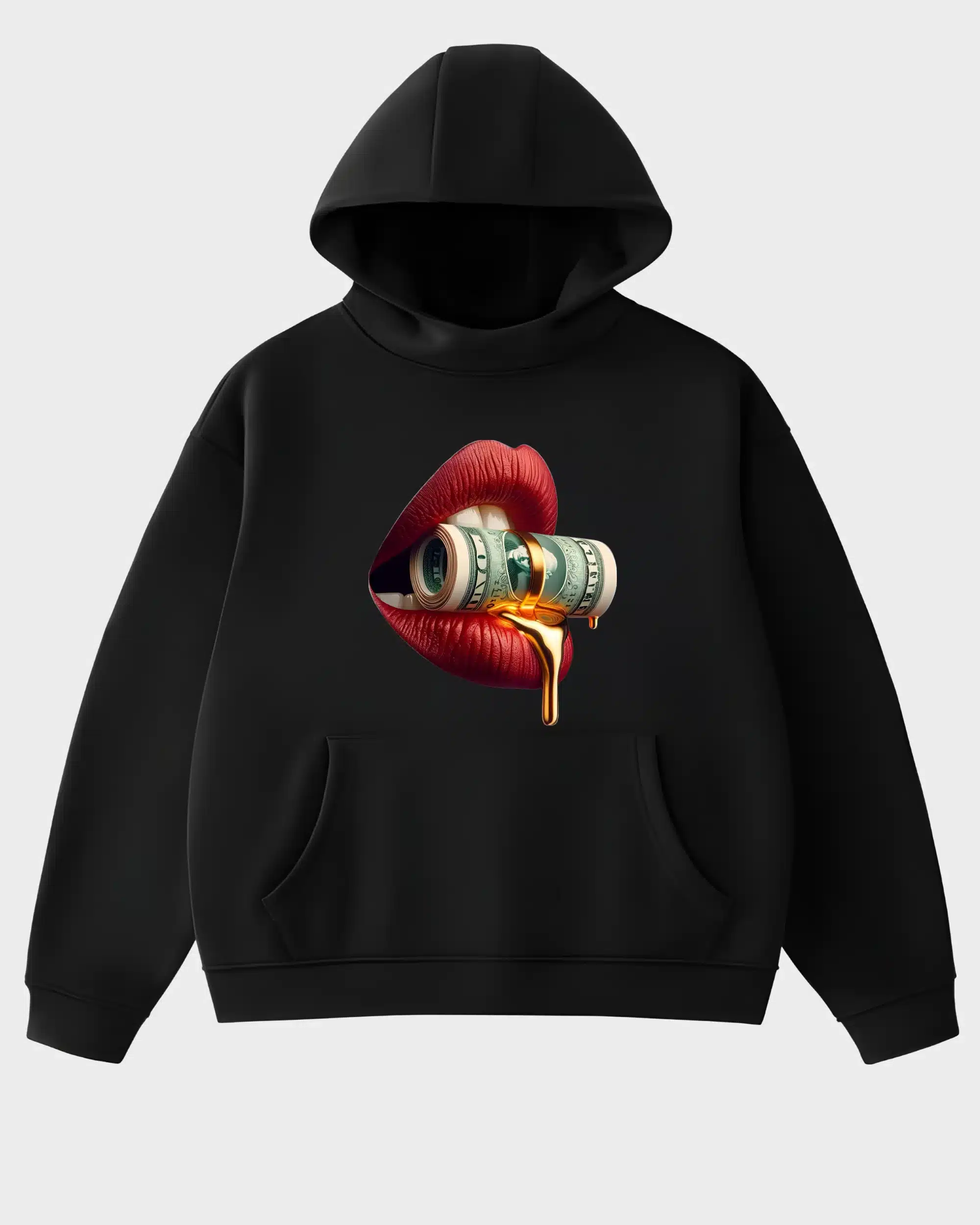 Liquid Gold Rolled Cash & Crimson Lips Luxury Graphic Hoodie