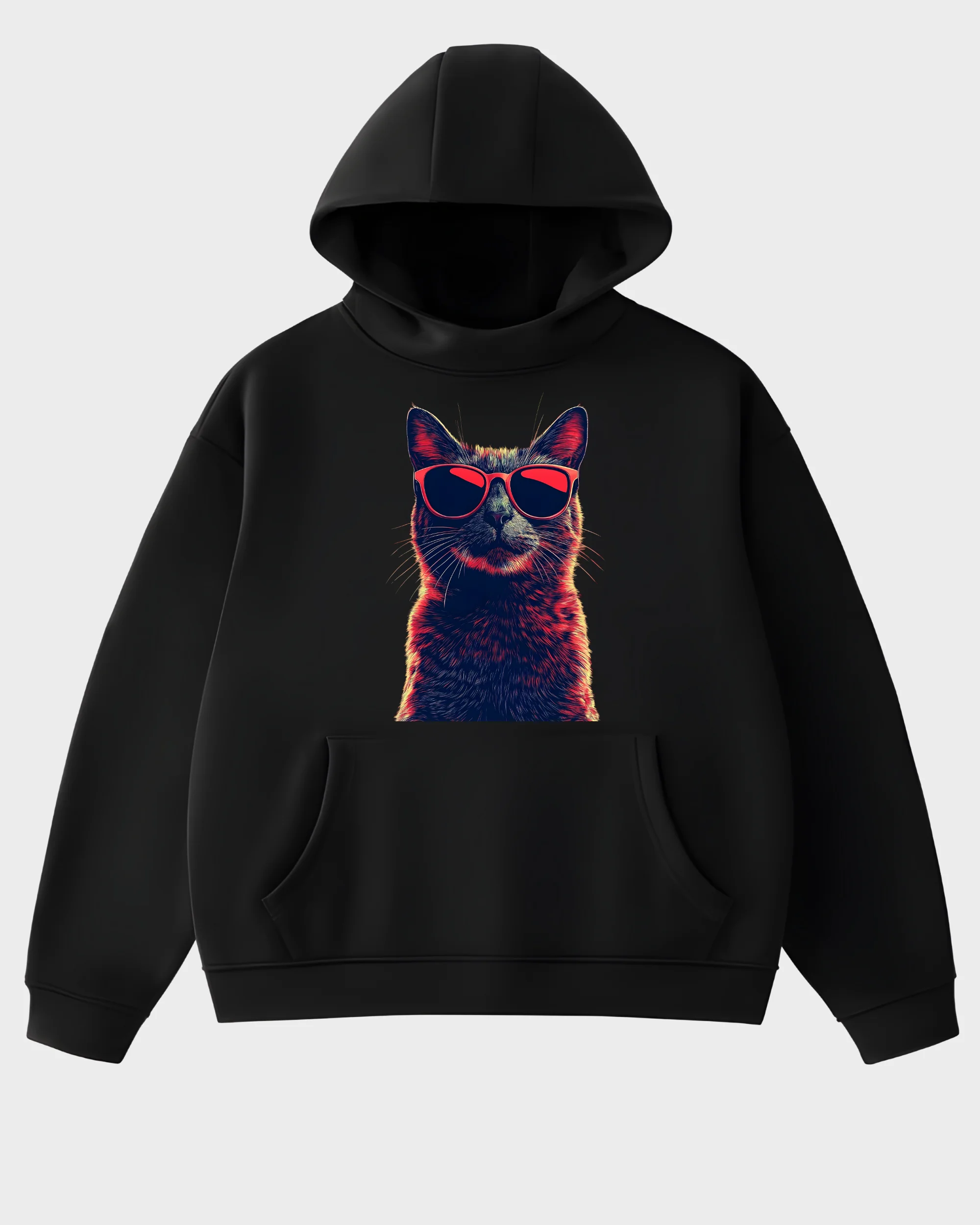 Cool Cat in Red Sunglasses Black Graphic Hoodie