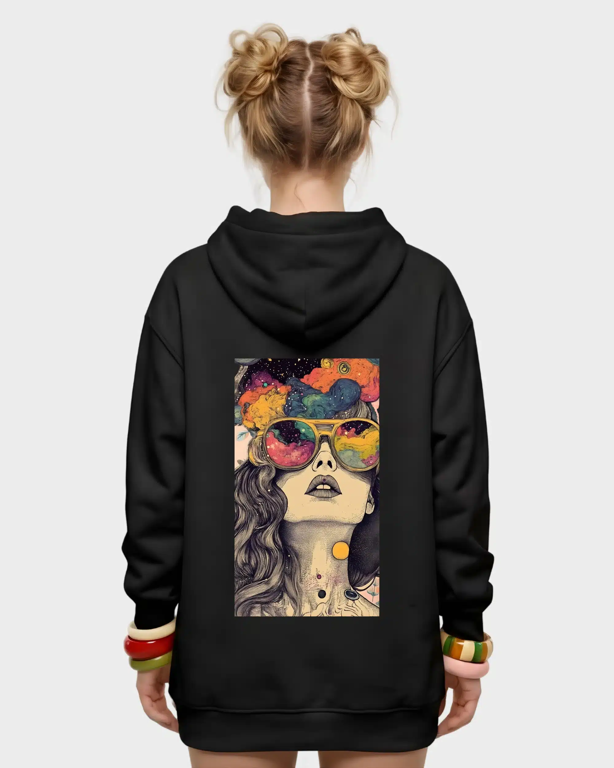 Psychedelic Dreams Retro Girl & Galaxy Sunglasses Back Graphic Hoodie