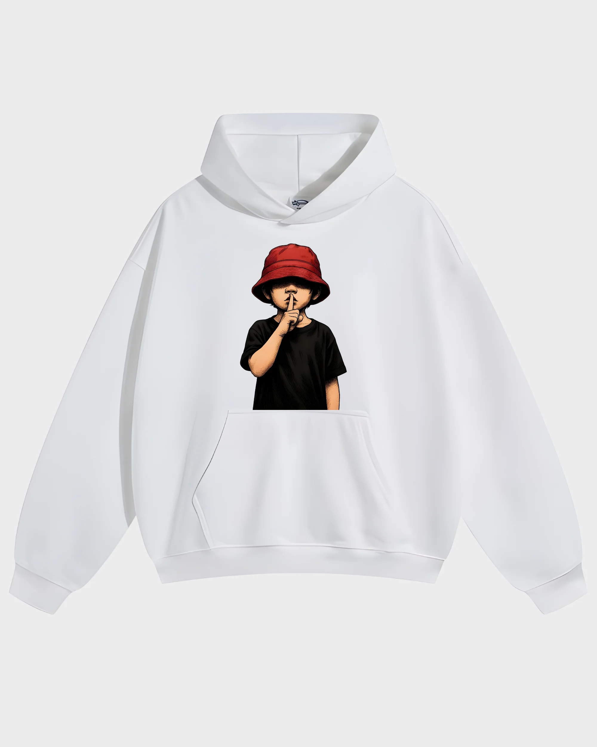 Shhh Red Bucket Hat Silent Boy White Graphic Hoodie