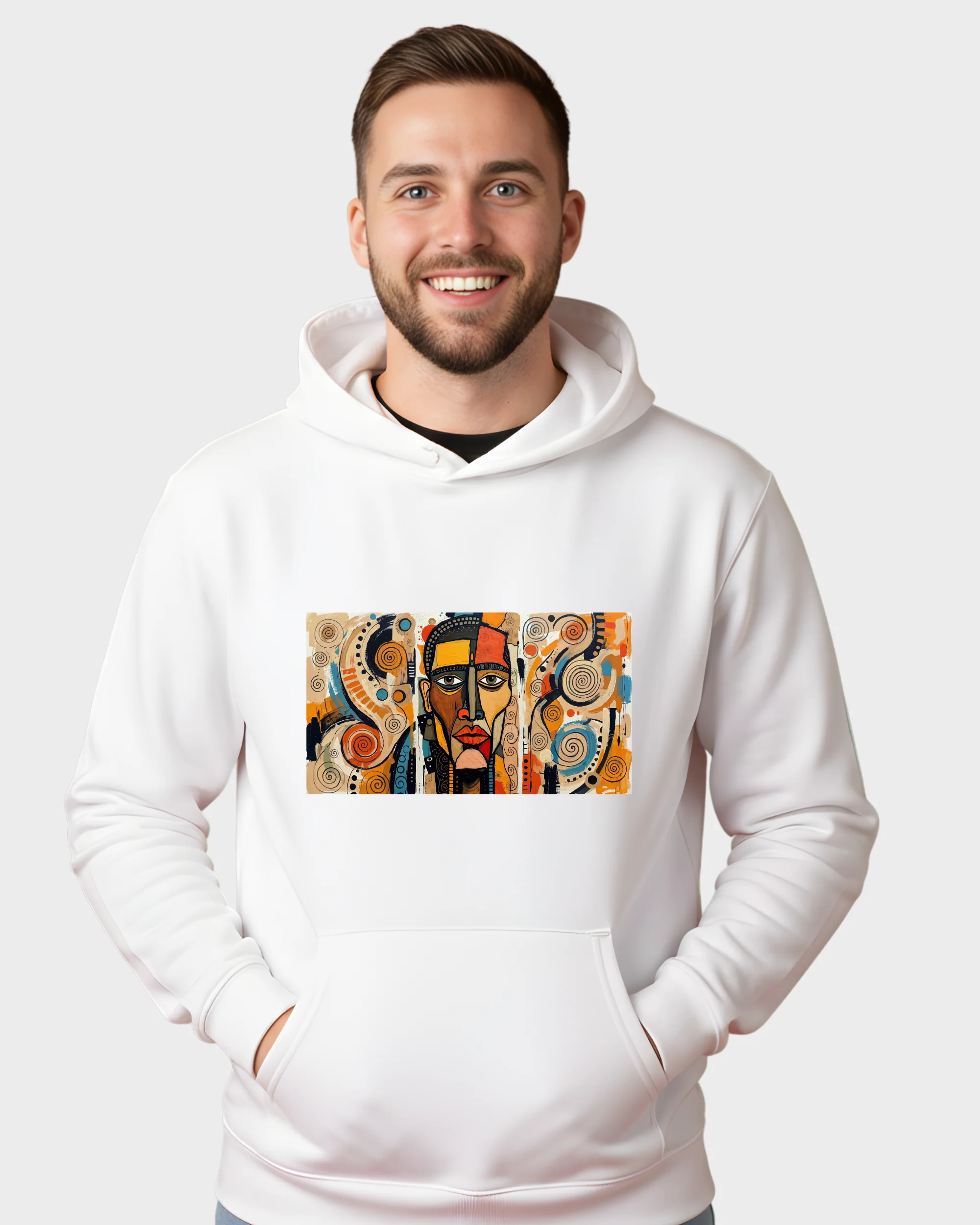 African Inspired Tribal Mask Abstract White Graphic Hoodie - Image 4