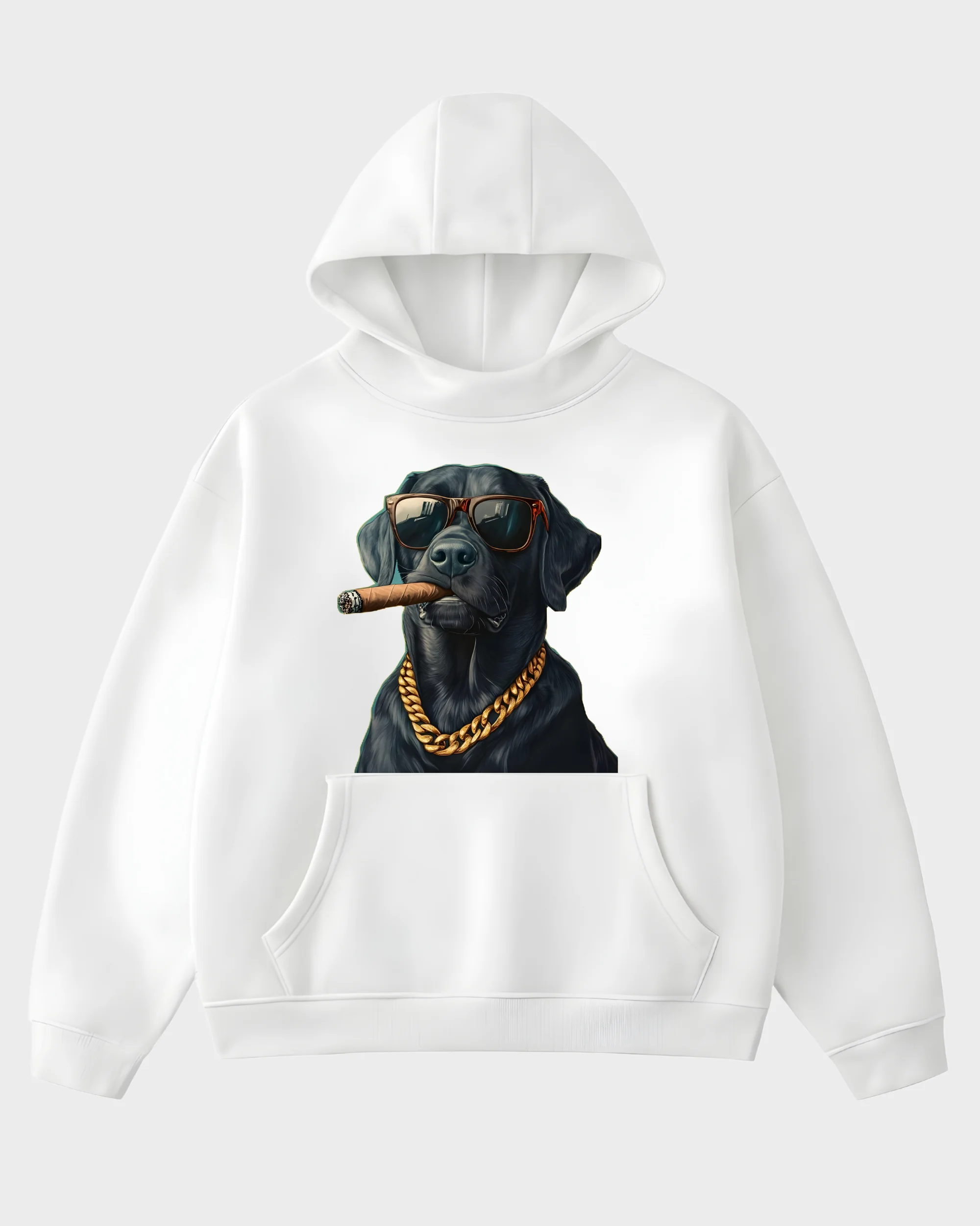 Boss Black Lab Cigar and Gold Chain White Graphic Hoodie