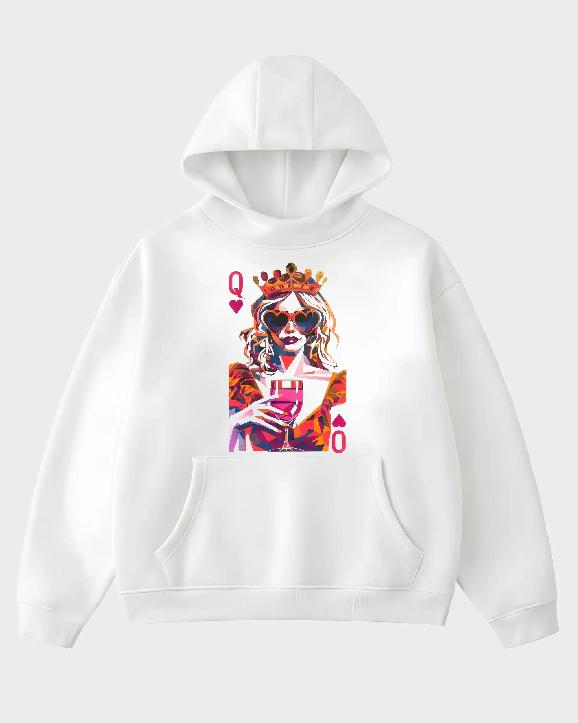 Geometric Queen of Hearts Crowned Playing Card Hoodie